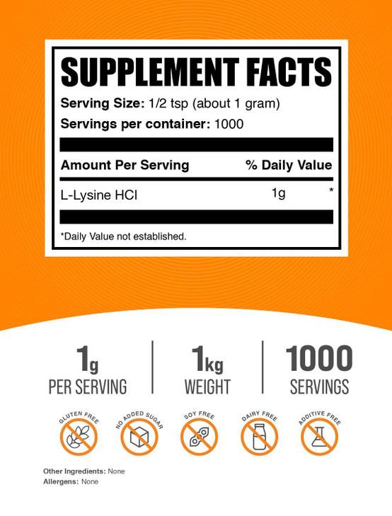 BulkSupplements.com L-Lysine Powder - Lysine Supplement, Essential Amino Acid, for Immune Support - Gluten Free, 1g per Serving, 1kg (2.2 lbs) (Pack