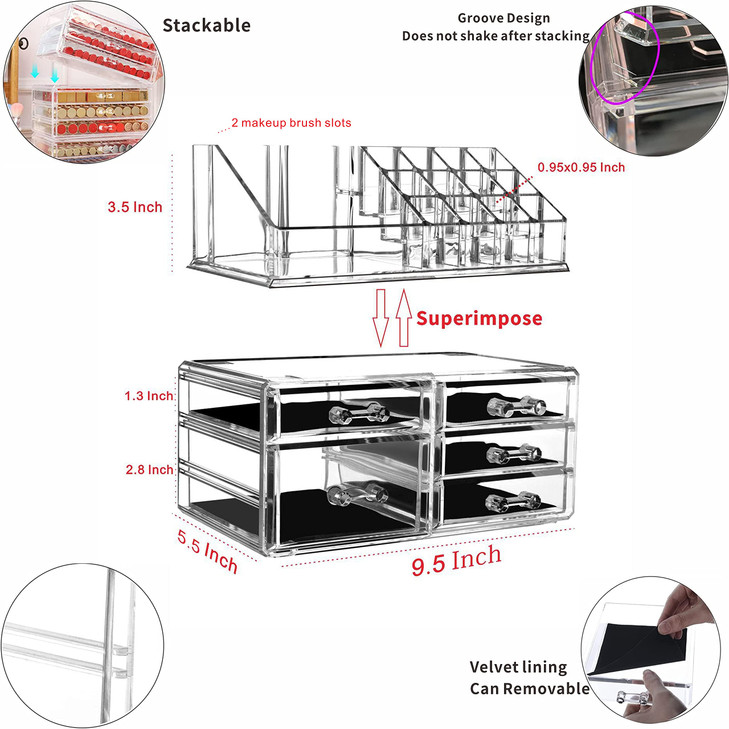 Cq acrylic 2 Pack Clear Makeup Storage Organizer,Stackable 5 Drawers Make up Organizers,Cute Desk Organizer for Vanity Jewelry,Hair Clip,Beauty,Skinc