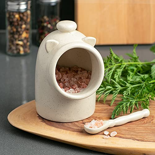 RSVP International Stoneware Salt Pig and Spoon Set, Wide Mouth, Dishwasher Safe, 3x3.25x5", Oatmeal