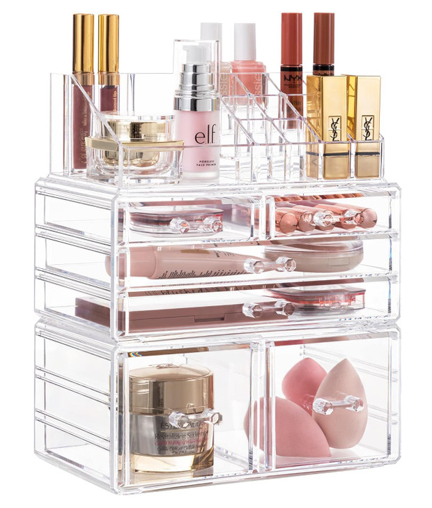 HBlife Acrylic Clear Dustproof Makeup Storage Organizer Drawers Large Skin Care Cosmetic Display Cases for Bathroom Stackable Storage Box with 6 Draw