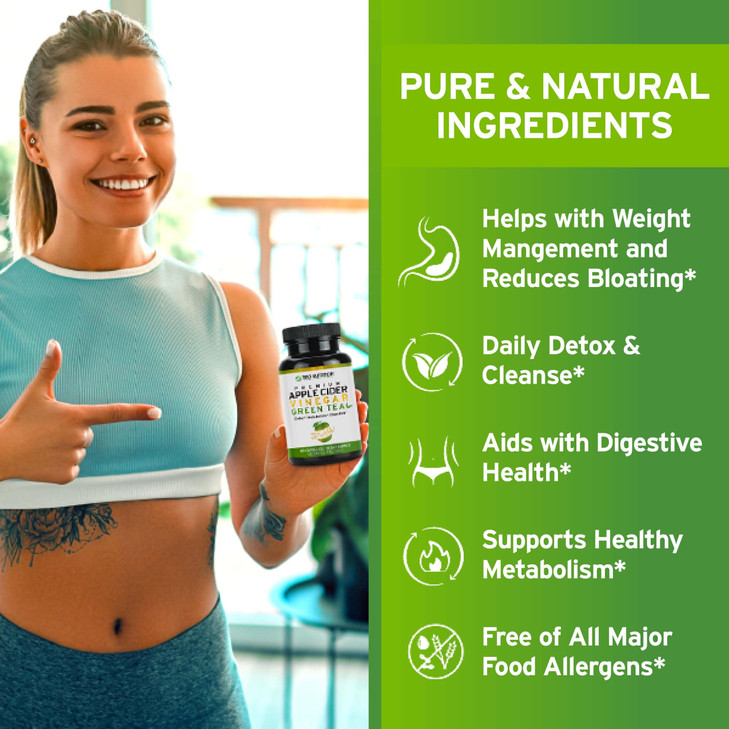 TRIO NUTRITION Apple Cider Vinegar Capsules with Green Tea - Natural Sugar Free Apple Cider Vinegar Pills with The Mother for Body Cleanse, Immune, W