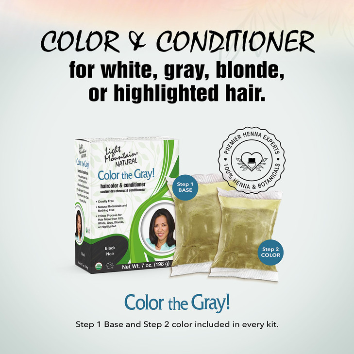 Light Mountain Henna Hair Color & Conditioner, Color the Gray - Black Hair Dye for Men/Women, 2-Step Chemical-Free, Semi-Permanent Hair Color for Whi