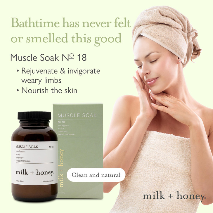 milk + honey Muscle and Bath Soak No. 18, Moisturizing Epsom Salt Bath Soak with Eucalyptus, Arnica, Rosemary and Sweet Marjoram, 10 oz