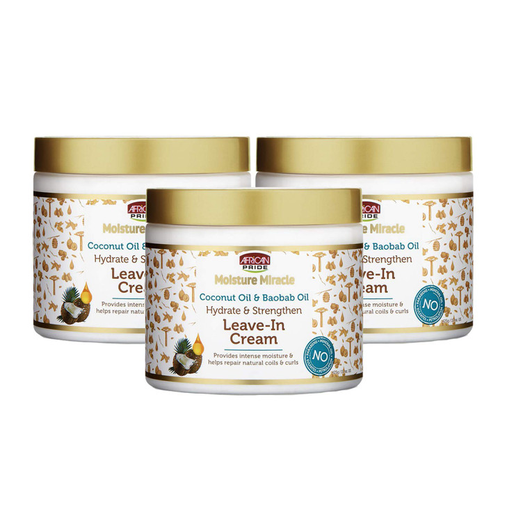 African Pride Moisture Miracle Coconut Oil & Baobab Oil Leave-In Cream - Provides Intense Moisture & Helps Repair Natural Coils & Curls, Hydrates & S