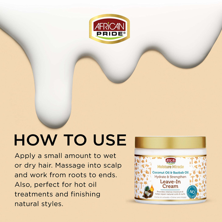 African Pride Moisture Miracle Coconut Oil & Baobab Oil Leave-In Cream - Provides Intense Moisture & Helps Repair Natural Coils & Curls, Hydrates & S