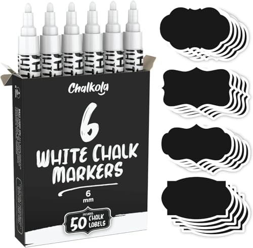 Chalkola White Chalk Markers (6 Pack, 6mm Reversible Tip) - White Dry Erase Liquid Chalk Pens for Blackboard, Window, Bistro, Car Glass, Board, Calen