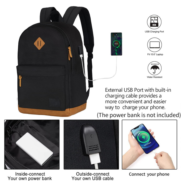 KOPHLY Large Travel Laptop Backpack with USB Charging Port for Men and Women, Classic School Backpack for Boys and Girls, Work Bag(18Inches/Black)