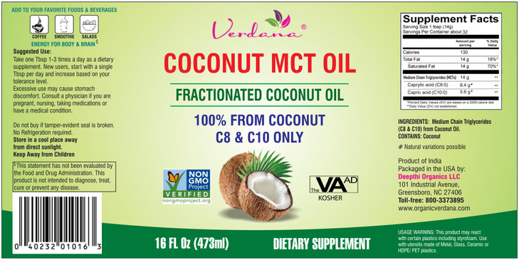 Verdana Food Grade MCT Oil 32 oz  for Keto Coffee, Unflavored Natural Oil Pulling Mouthwash & Massage - 100% Coconut Derived Fractionated Oil  Medi