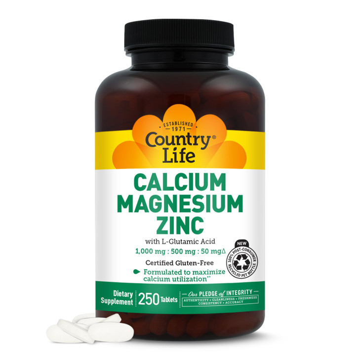 Country Life Calcium Magnesium Zinc with L-Glutamic Acid, Dietary Supplement for Bone Support, Certified Gluten Free , 1000mg/500mg/50mg, 250 Tablets
