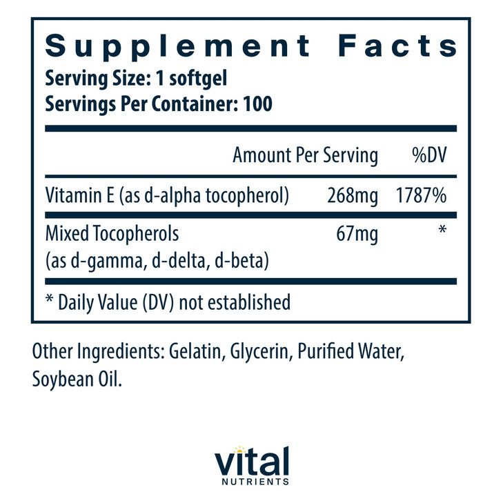 Vital Nutrients Vitamin E with Mixed Tocopherols - Potent Antioxidant Vitamin E Supplements to Support Cardiovascular Health* - Gluten and Dairy Free