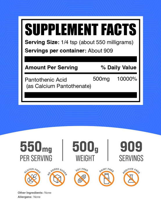 BulkSupplements.com Vitamin B5 Powder - as Calcium Pantothenate, B5 Vitamins - Gluten Free, 500mg of Vitamin B5 Pantothenic Acid per Serving, 500g (1