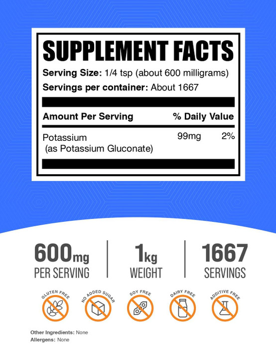 BulkSupplements.com Potassium Gluconate Powder - for Hydration Support, Mineral Supplement, Potassium 99mg - Gluten Free, 600mg per Serving, 1kg (2.2