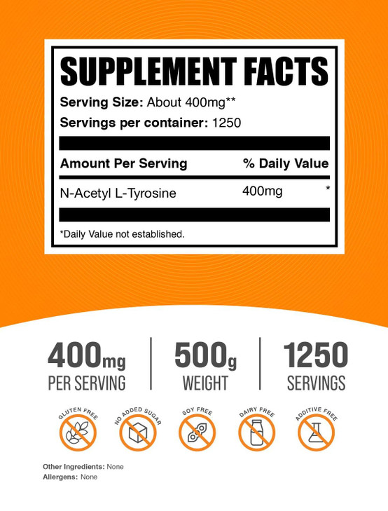 BulkSupplements.com N-Acetyl L-Tyrosine Powder -Tyrosine Supplement, NALT Powder, Amino Acid Supplement - Unflavored & Gluten Free, 400mg per Serving