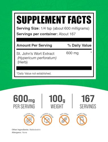BulkSupplements.com St. John's Wort Extract - St. Johns Wort Supplement, Herbal Supplement for Mood - Vegan & Gluten Free, 600mg per Serving, 250g (8
