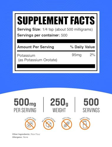 BulkSupplements.com Potassium Orotate Powder - Potassium Supplement, for Hydration Support, Mineral Supplement - Gluten Free, 500mg per Serving, 250g