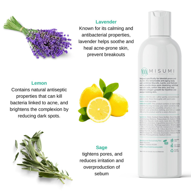 Misumi Acne Body Wash 120ml (4oz) - Keratosis Pilaris Treatment, Body & Back Acne Treatment - Salicylic Acid, Glycolic Acid AHA Body Wash for Men & W