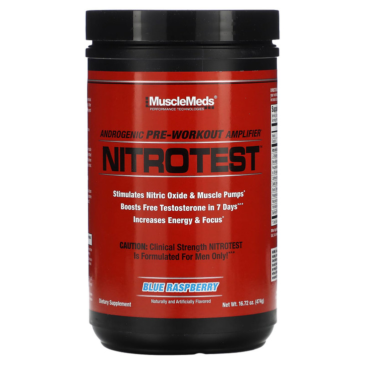 MuscleMeds Nitrotest Pre-Workout Supplement Drink, Boost Nitric Oxide, Testosterone, Blue Raspberry, 30 Serving, 1.04 Pound, 1 Count