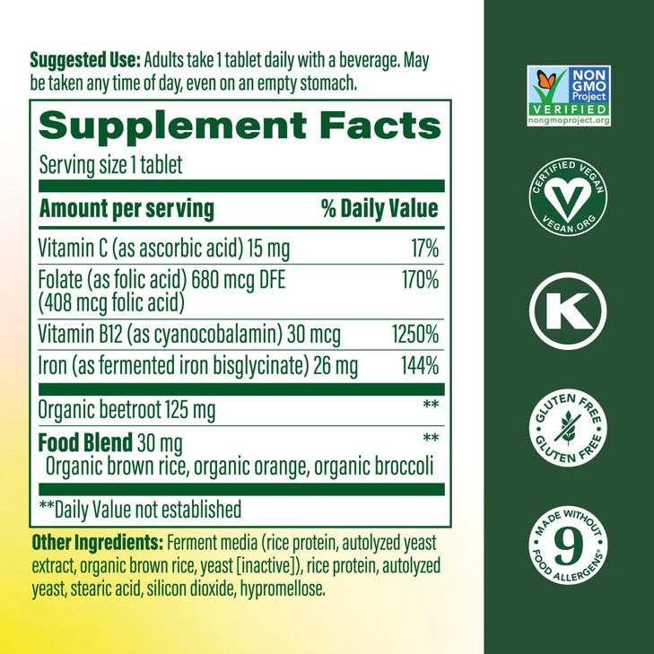 MegaFood Blood Builder Iron Supplement for Women & Men - Increase Iron Levels Without Side Effects - Combats Fatigue - with Vitamin B12, Folic Acid &