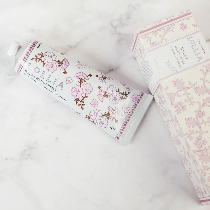 LOLLIA Relax Handcreme, 4 oz, Sugar Cane, Vanilla Bean, & Jasmine, Scented Hand Cream for Women, Moisturizing Lotion for Dry Hands, Quick Absorbing S