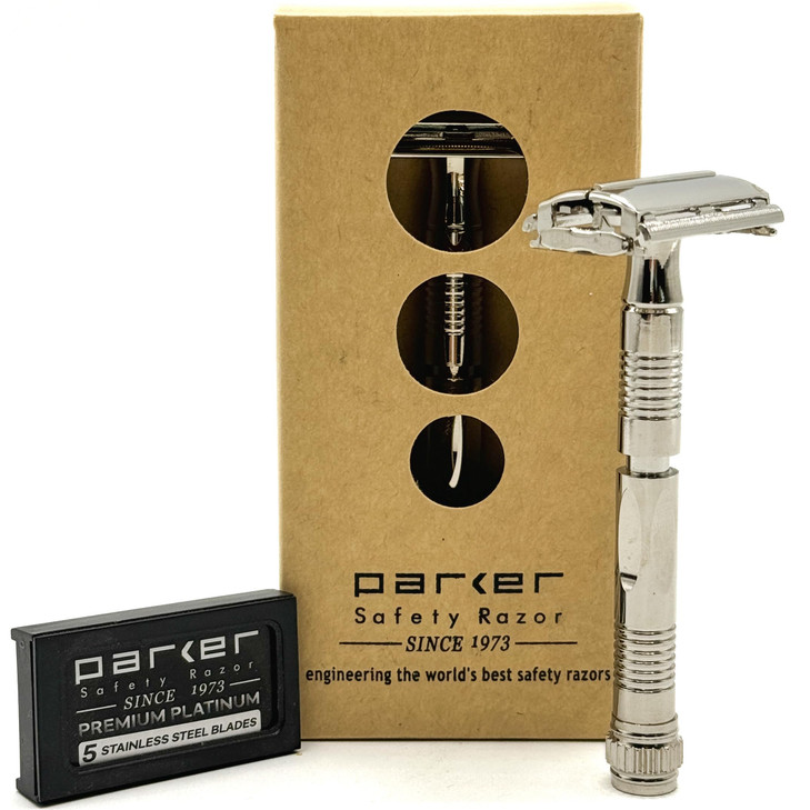 Parker, 90R Nickel Plated Long Handle Butterfly Open Double Edge Safety Razor for Men, 5 Parker Premium Platinum Double Edge Razor Blades Included