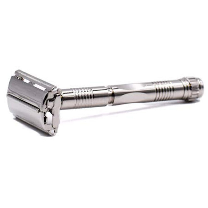 Parker, 90R Nickel Plated Long Handle Butterfly Open Double Edge Safety Razor for Men, 5 Parker Premium Platinum Double Edge Razor Blades Included