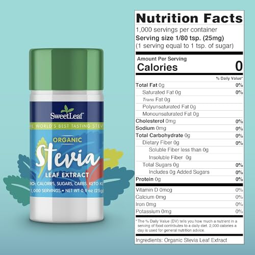 SweetLeaf Organic Pure Stevia Powder Shaker Jar - Zero Calorie Sweetener with Pure Stevia Leaf Extract, No Artificial Sweetener Additive, Sugar Free,