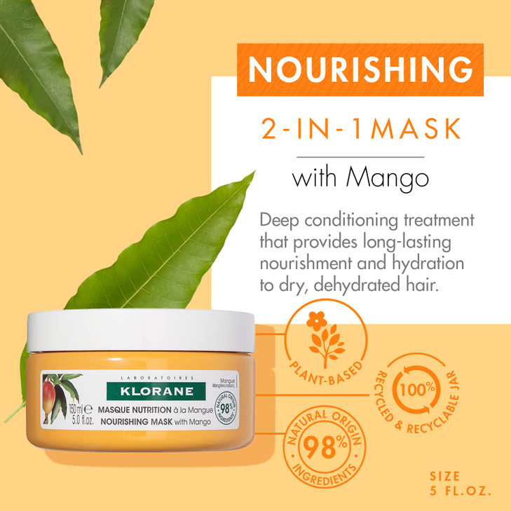 Klorane Nourishing 2-in-1 Mask with Mango, Deep Conditioning and Overnight Treatment for Dry Hair, Paraben, Silicone and Sulfate Free, Biodegradable,