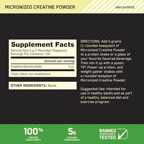 Optimum Nutrition Micronized Creatine Monohydrate Powder, Unflavored, 120 Servings, 600 Grams (Packaging May Vary)