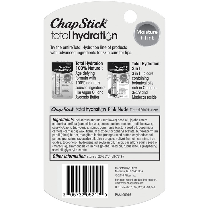 ChapStick Total Hydration Moisture + Tint Pink Nude Tinted Lip Balm Tube, Tinted Moisturizer - 0.12 Oz