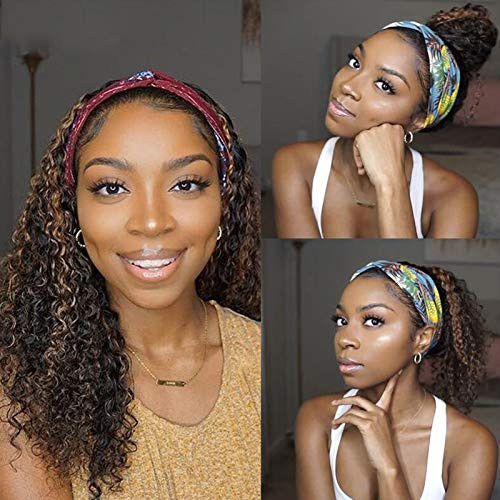 YMS Headband Wig Human Hair 2/30 Highlight None Lace Front Wigs Human Hair Curly Headband Wigs for Black Women 150% Density Human Hair Wigs(12 inch,H