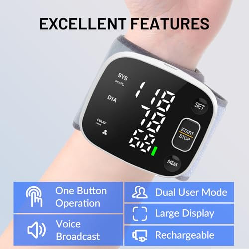 Blood Pressure Monitor Rechargeable Blood Pressure Monitors for Home Use Adjustable Automatic Wrist Cuff Voice Broadcast 2 * 120 Reading Memory for 2