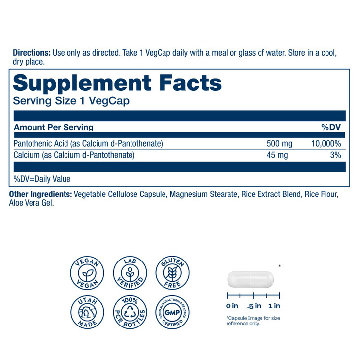 SOLARAY Pantothenic Acid 500mg - Pantothenic Acid Supplement (Vitamin B5) - Essential B Complex Vitamin - Nervous System and Cellular Energy Support