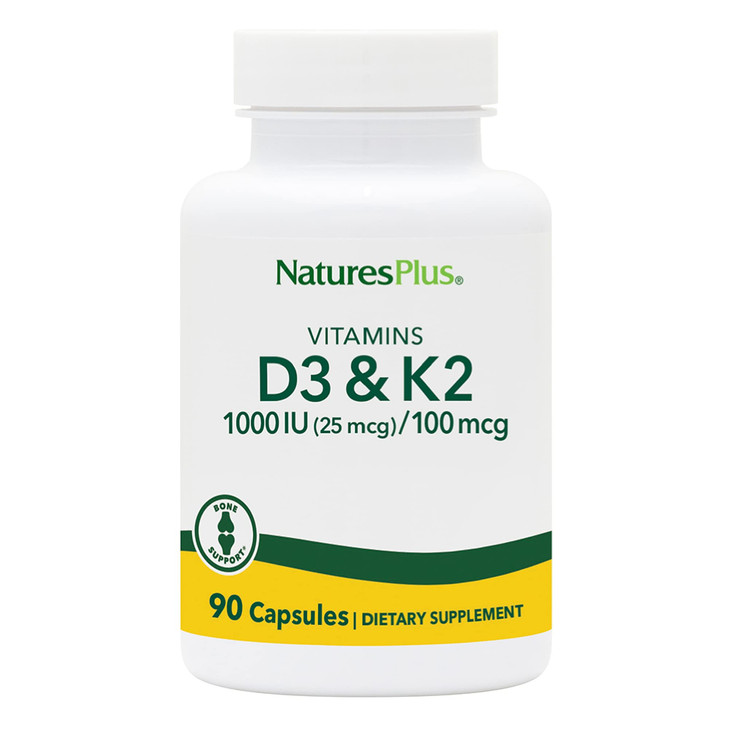 NaturesPlus Vitamins D3 (1000 IU) & K2 (100 mcg) - Vegetarian, Gluten Free - 90 Capsules, 90 Servings