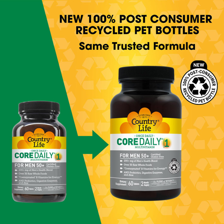 Country Life CORE Daily-1 Multivitamin for Men 50+ - Gluten-Free, Energy Support with Coenzymated B Vitamins, Probiotics, Whole Food and Digestive En