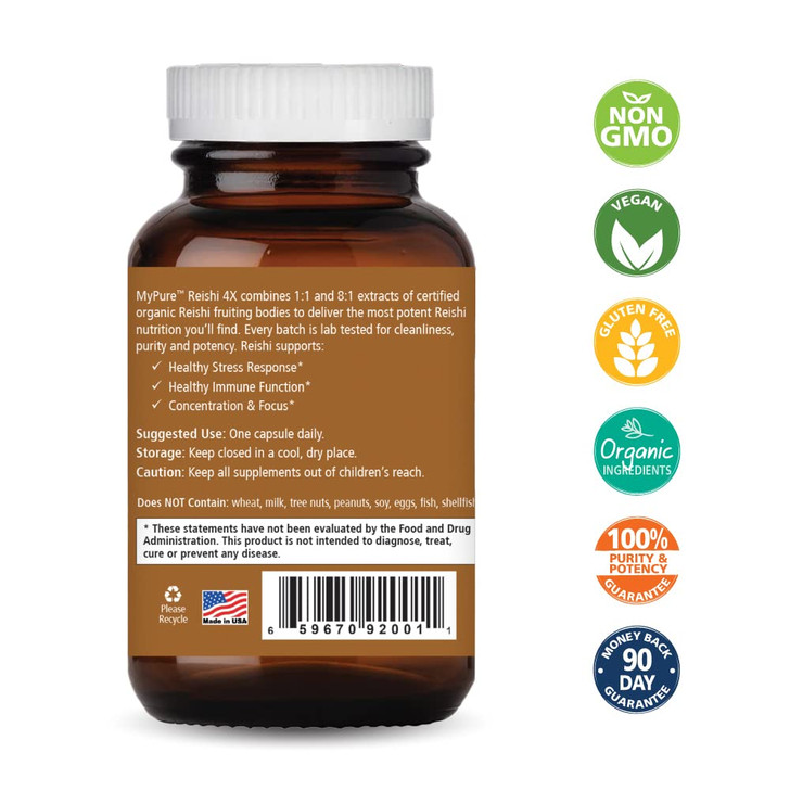 PURE ESSENCE LABS MyPure Reishi 4X Organic Mushrooms Supplement - 100% Real Mushroom Extract for Immune Support, Stress Relief, Build Energy (30 Caps