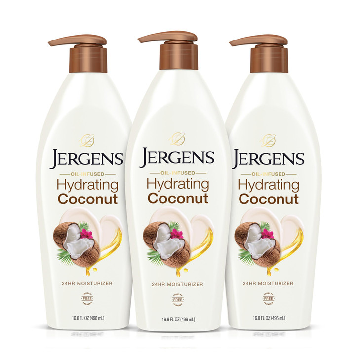 Jergens Hydrating Coconut Body Lotion, Hand and Body Moisturizer, Infused with Coconut Oil, Hydrates Dry Skin Instantly, Dermatologist Tested, 16.8 o