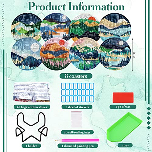 SPOKKI 8 Pcs Diamond Painting Coasters With Holder, Beginner DIY 5D Art Kit, Sunset Mountain Kits for Adults and Kids, Home Decor Gifts (A)