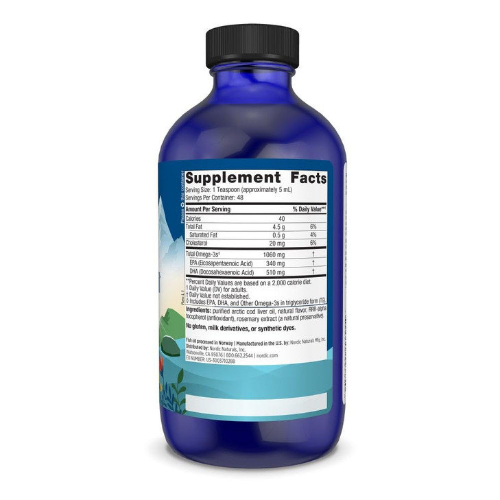 Nordic Naturals Arctic Cod Liver Oil, Orange - 8 oz - 1060 mg Total Omega-3s with EPA & DHA - Heart & Brain Health, Healthy Immunity, Overall Wellnes
