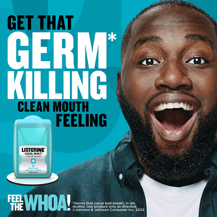 Listerine Cool Mint PocketPaks Portable Breath Strips for Bad Breath, Fresh Breath Strips to Kill 99% of Bad Breath Germs* On-The-Go, Cool Mint Flavo