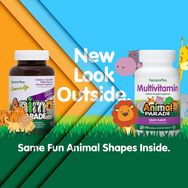 NaturesPlus Animal Parade Children's Chewable Multivitamin - Grape Flavor - 180 Animal-Shaped Tablets - Promotes Health & Well-Being - Vegetarian, Gl