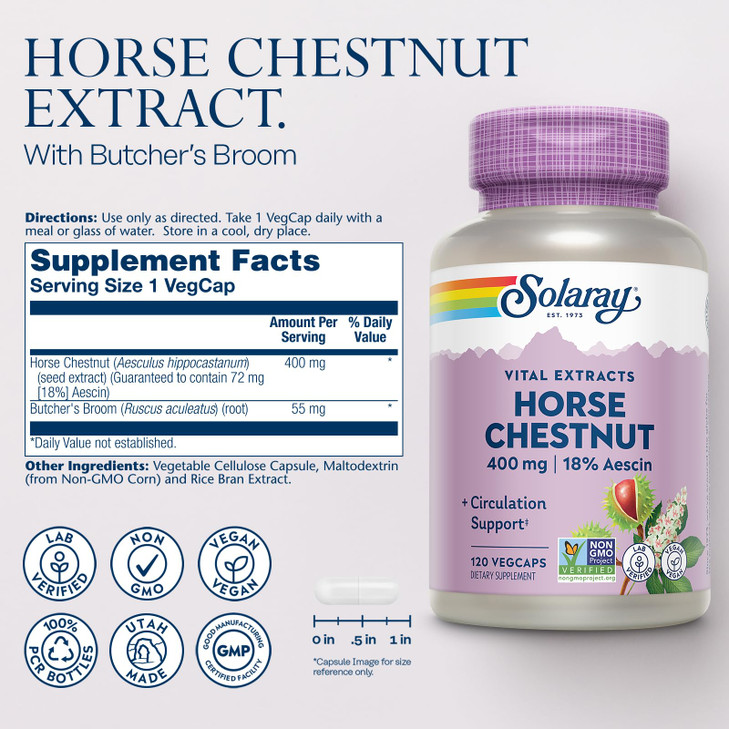 SOLARAY Horse Chestnut Extract 400 mg - Standardized to 72 mg Aescin - with 55 mg of Butchers Broom - Vein and Blood Circulation Supplements - Vegan,