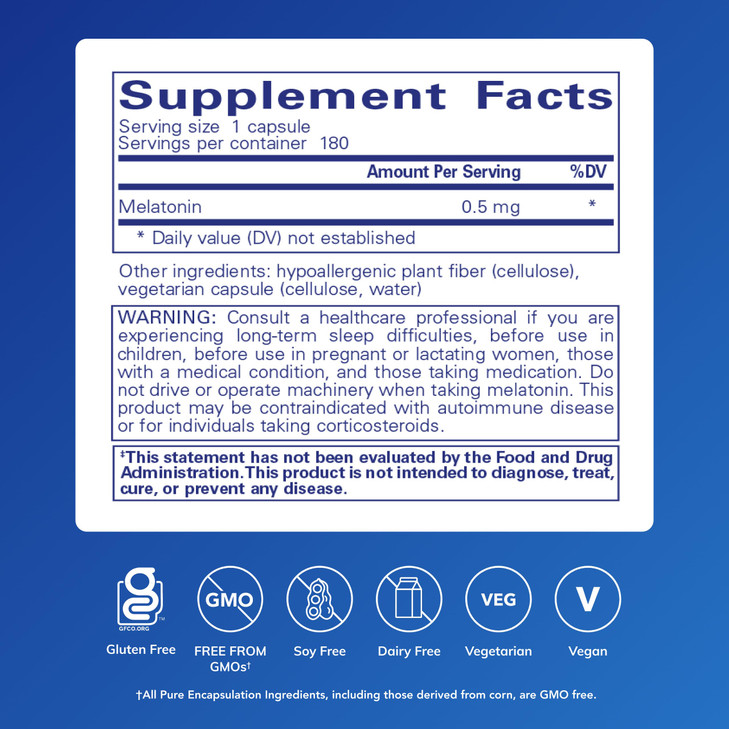Pure Encapsulations Melatonin 0.5 mg - Natural Sleep Helper for Bedtime - Regulates Sleep-Wake Cycle - 0.5 mg Melatonin - Vegan & Non-GMO - 180 Capsu