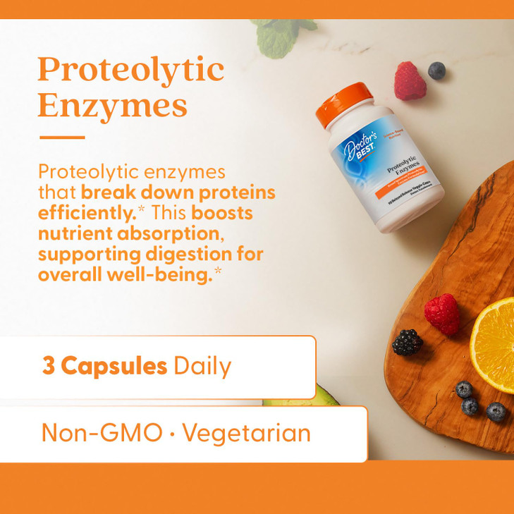 Doctor's Best Proteolytic Enzymes, Broad Spectrum Proteolytic Enzyme Formulation, Non-GMO, Vegetarian 90 Delayed Release Veggie Caps