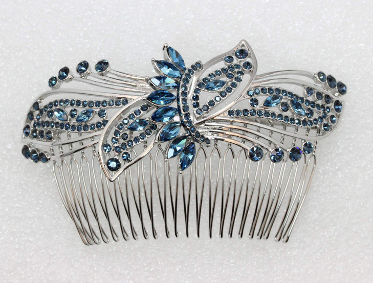 Faship Gorgeous Navy Blue Rhinestone Crystal Huge Floral Hair Comb