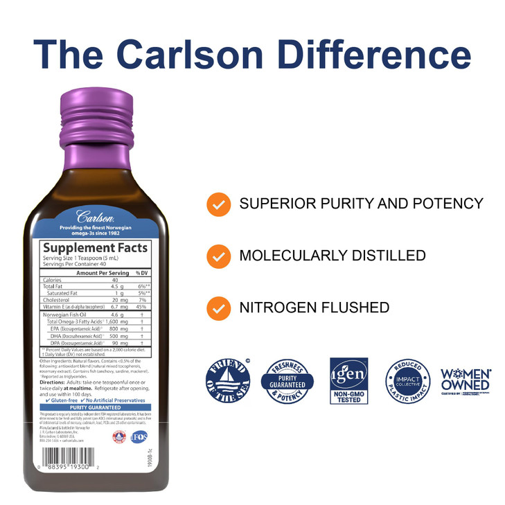 Carlson - The Very Finest Fish Oil 1600 mg Omega-3s Fatty Acids, EPA DHA & DPA Liquid Fish Oil Supplement, Norwegian Wild-Caught, Sustainably Sourced