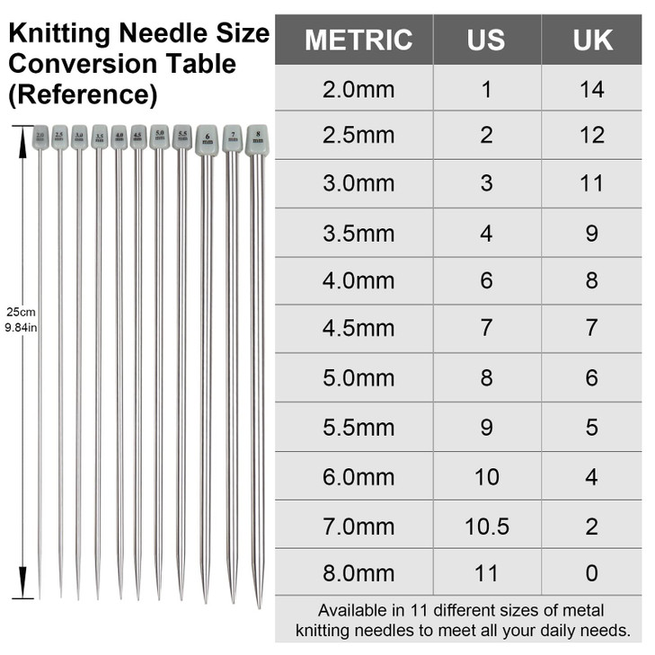Aeelike 11 Pairs Knitting Needles Set - 10 Inches Stainless Steel Knitting Needles Single Point with Roll Bag - Portable Metal Knittings Needle Set f