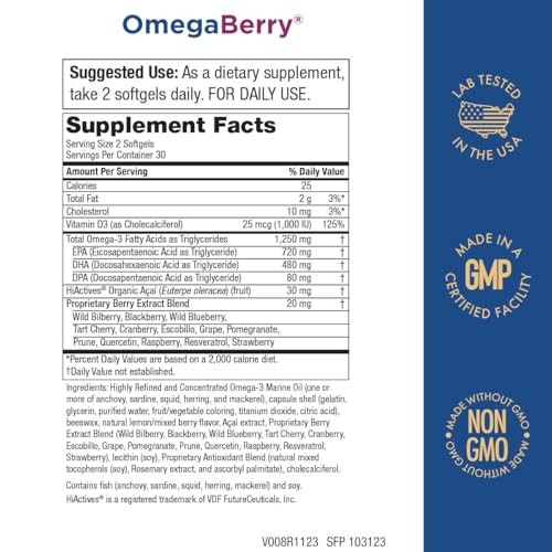Purity Products OmegaBerry Fish Oil with Vitamin D3 and Organic Acai - 1250mg Concentrated Molecularly Distilled Ultra Pure Omega-3 Fish Oil, 500mg D