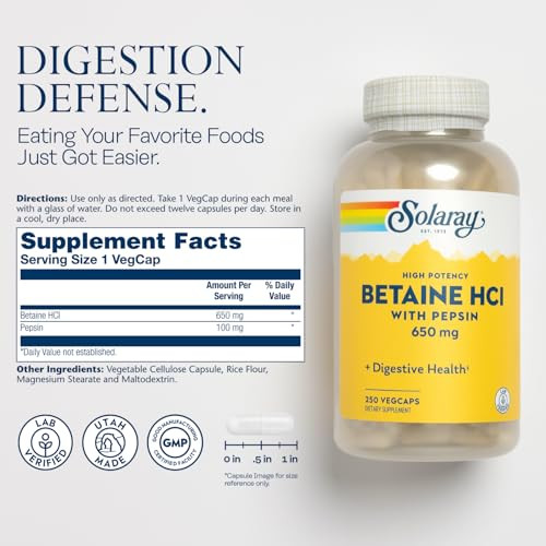 SOLARAY Betaine HCL with Pepsin - High Potency Hydrochloric Acid Formula - Digestive Health Supplement with Digestive Enzymes for Gut Health Support