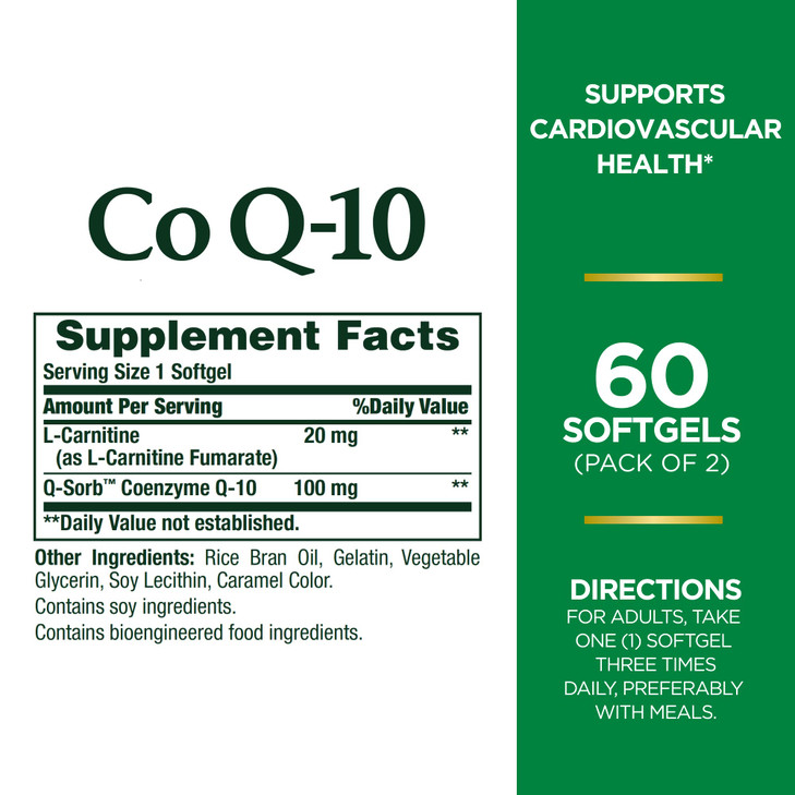 Nature's Bounty CoQ10, Dietary Supplement, Supports Heart Health, 100mg Plus L-Carnitine, Twin Pack, 120 Softgels