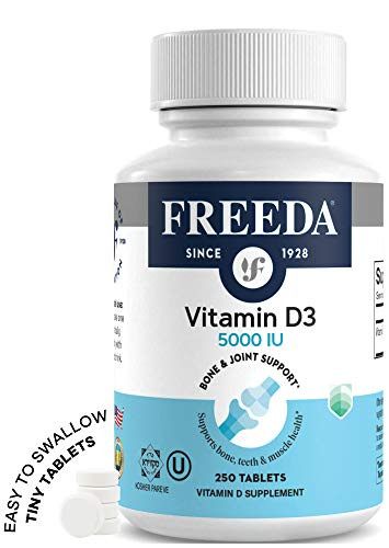 FREEDA Vitamin D3-5000 IU - Pure High Potency Kosher Supplement Tablets - Bone and Muscle Health, Calcium Absorption, Immune Support for Men and Wome